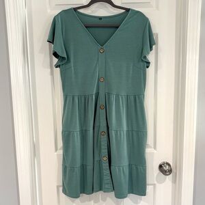 Mitilly Green Faux Button Short Sleeve V-Neck Swing Dress XL Pockets Coastal